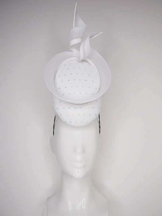 White Opal - White leather oval percher with white opal crystal veil and crinoline swirl detail