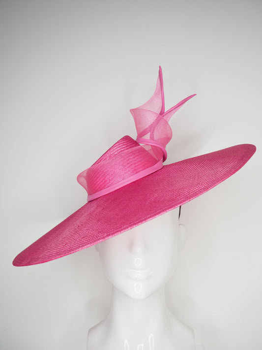 Pink Lady -  Pink broad brimmed slanted crown parissisal with crinoline leather edged swirl detail