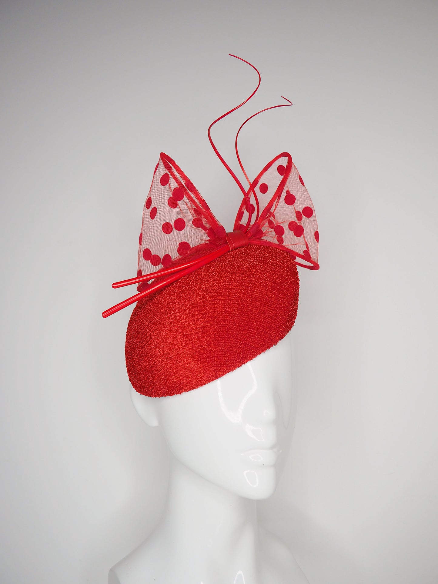 Stop and Spot - Spotty red wired tulle bow with quills on a vintage straw face hugger beret