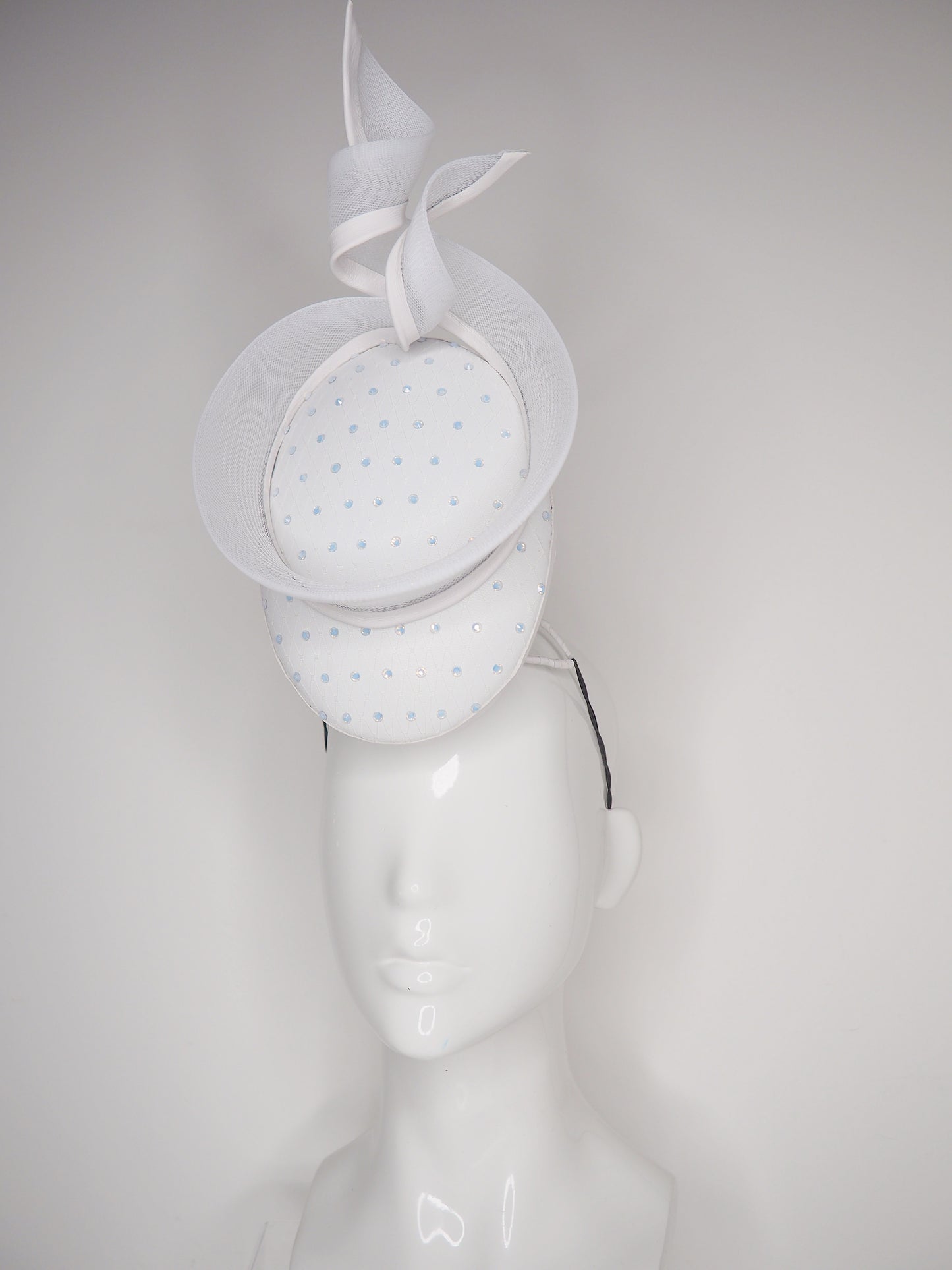 White Opal - White leather oval percher with white opal crystal veil and crinoline swirl detail