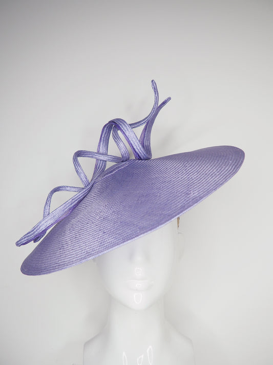 Lilac Loop - lilac hand dyed straw brim coolie with a crinoline edged straw swirl and wired straw loop.