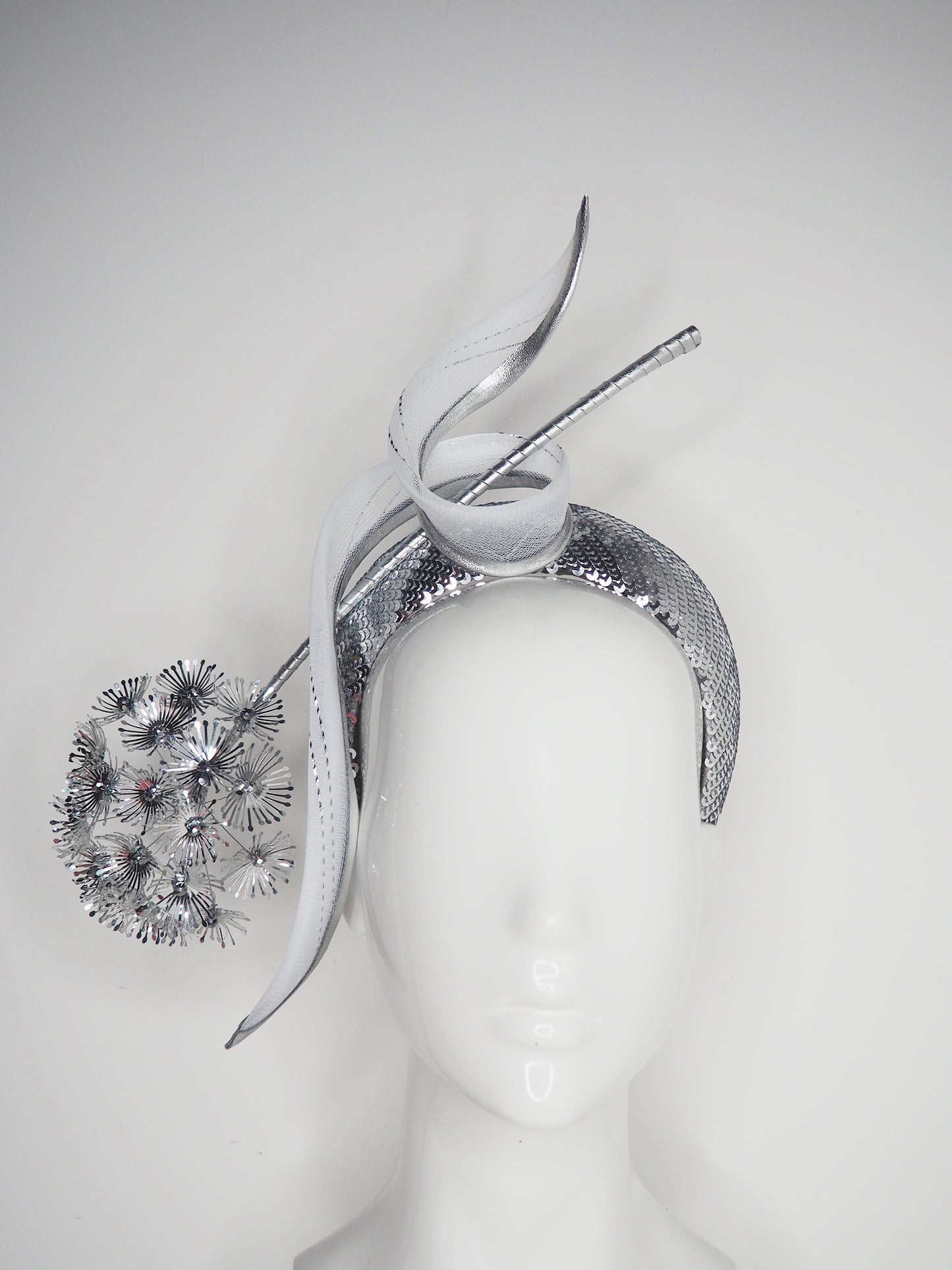 *reduced worn once - Disco Dandelion - -Silver sequinned 3d Headband with a silver dandelion and crinoline swirl