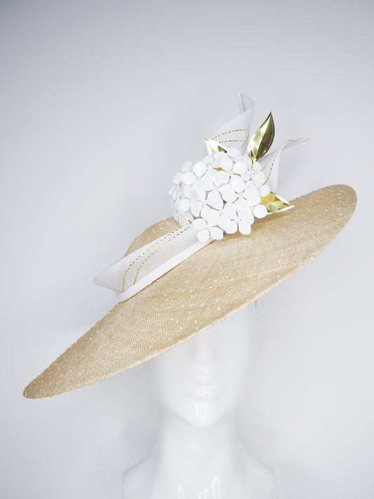 Natural Elegance - Natural knotted straw sloped brim with white hydrangea and gold lurex crinoline straw swirl