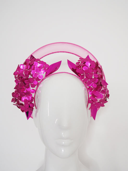 Hello Hydrangea - Hot pink hydrangea wirework halo headpiece