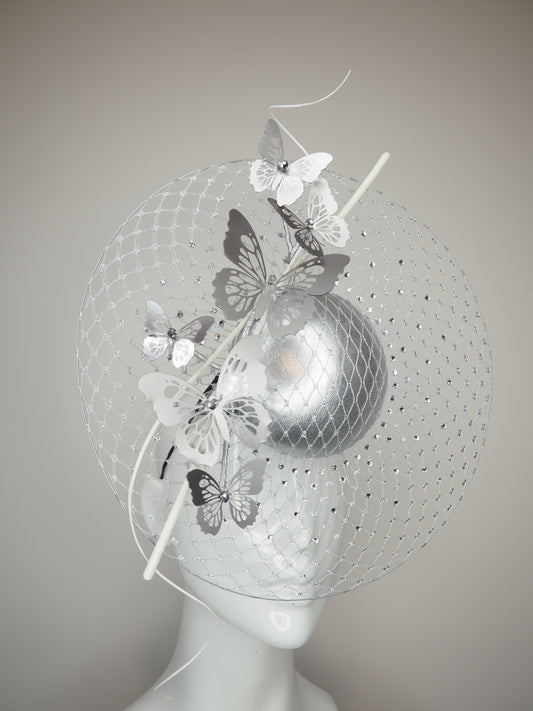 Taking Flight - Silver leather veiled percher with crystoform butterflies