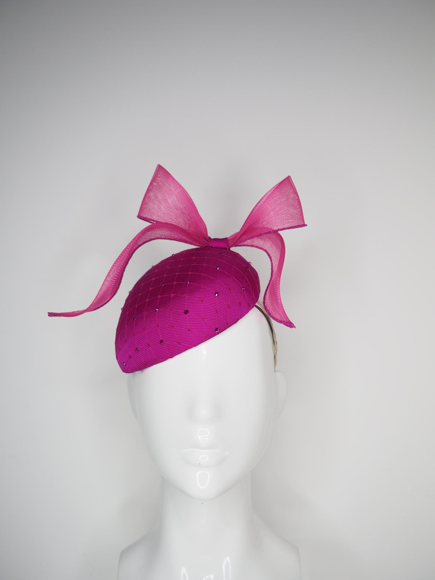 Windswept Miss Magenta  - Magenta fabric petite tear drop beret with embellished veiling detail and windswept crinoline