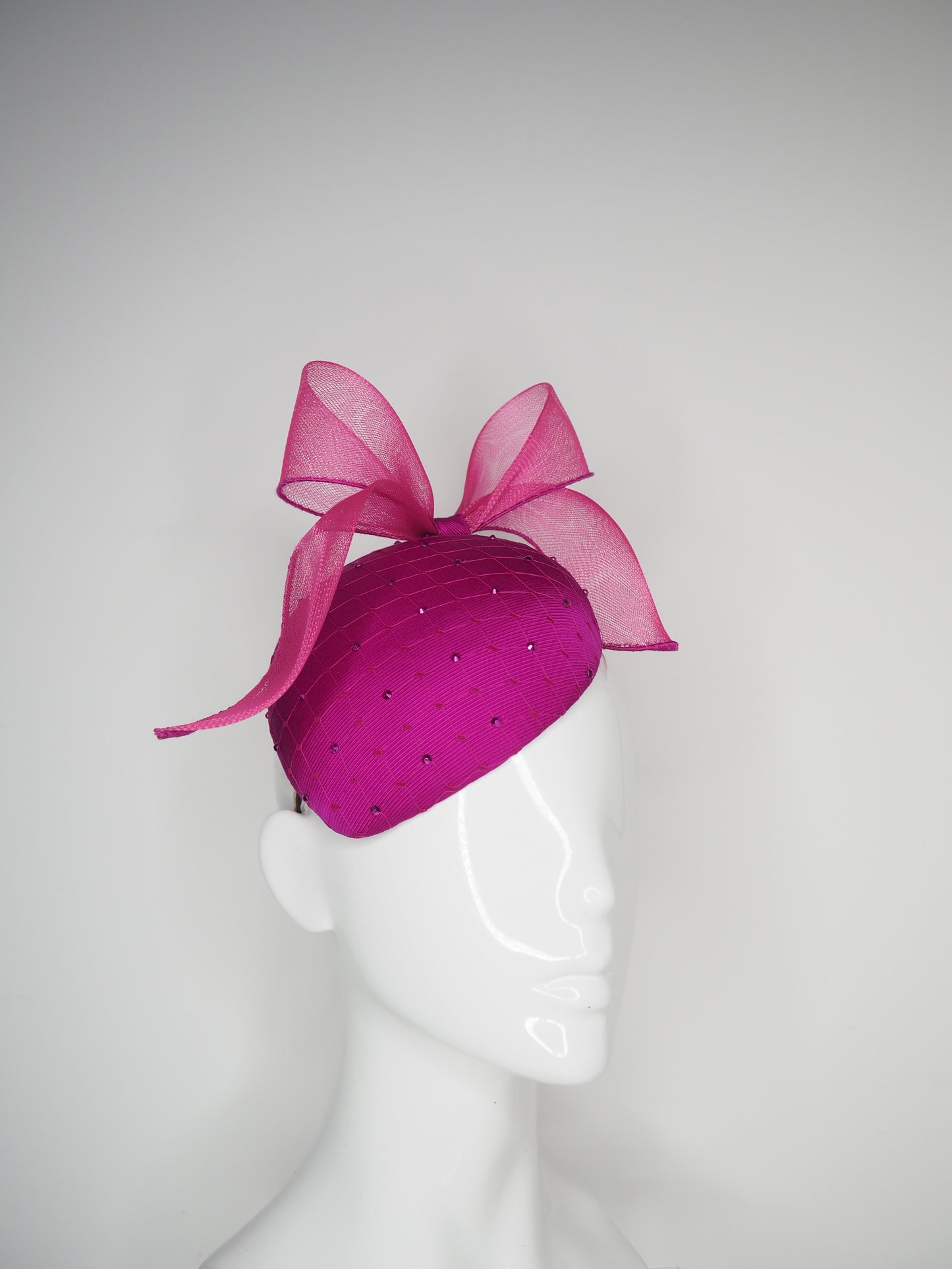 Windswept Miss Magenta  - Magenta fabric petite tear drop beret with embellished veiling detail and windswept crinoline