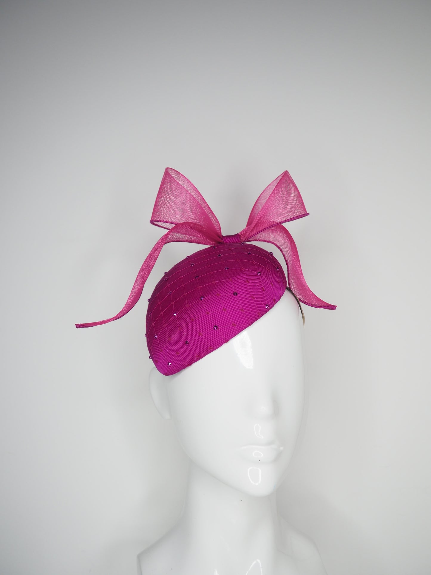 Windswept Miss Magenta  - Magenta fabric petite tear drop beret with embellished veiling detail and windswept crinoline