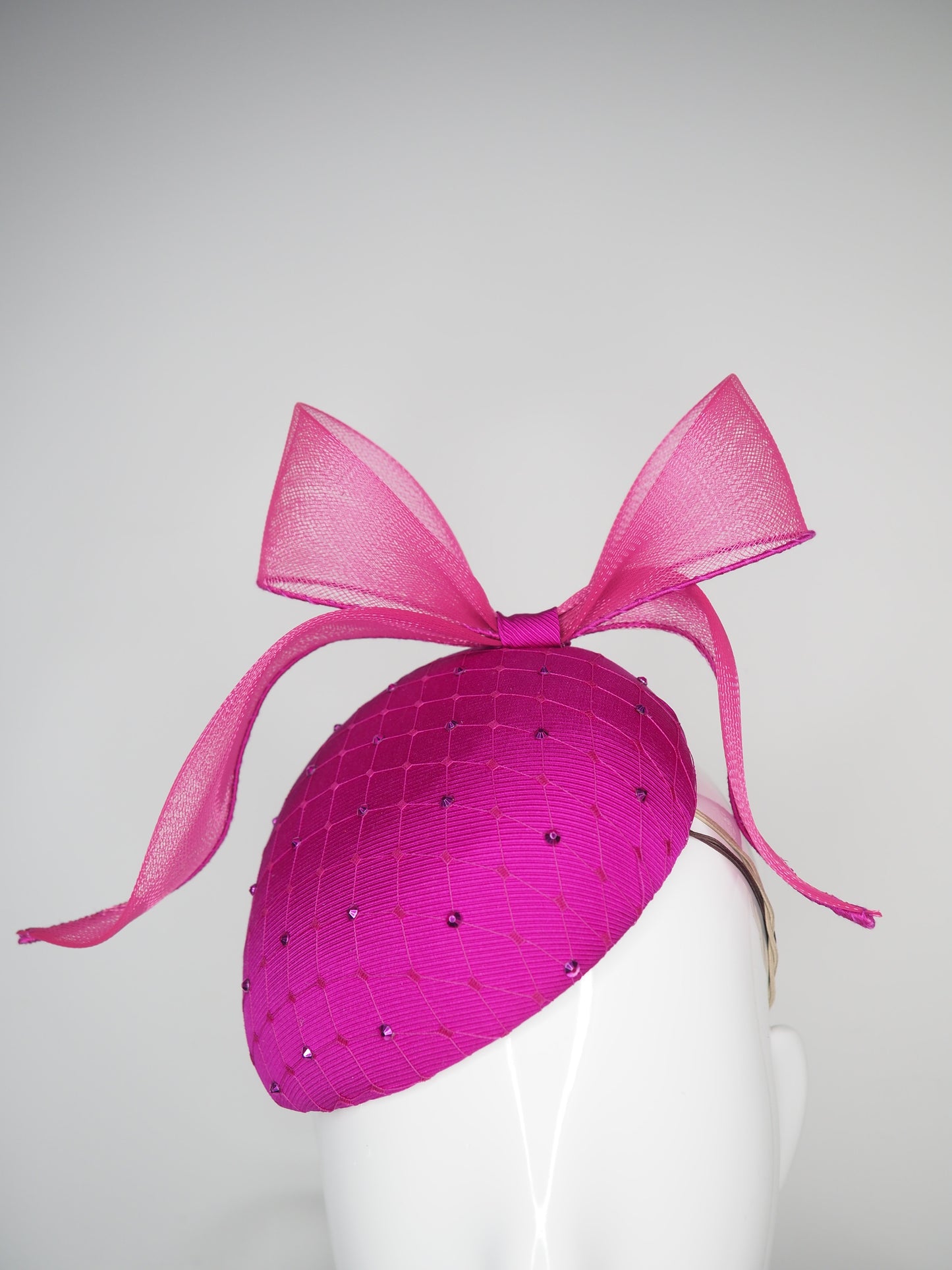 Windswept Miss Magenta  - Magenta fabric petite tear drop beret with embellished veiling detail and windswept crinoline