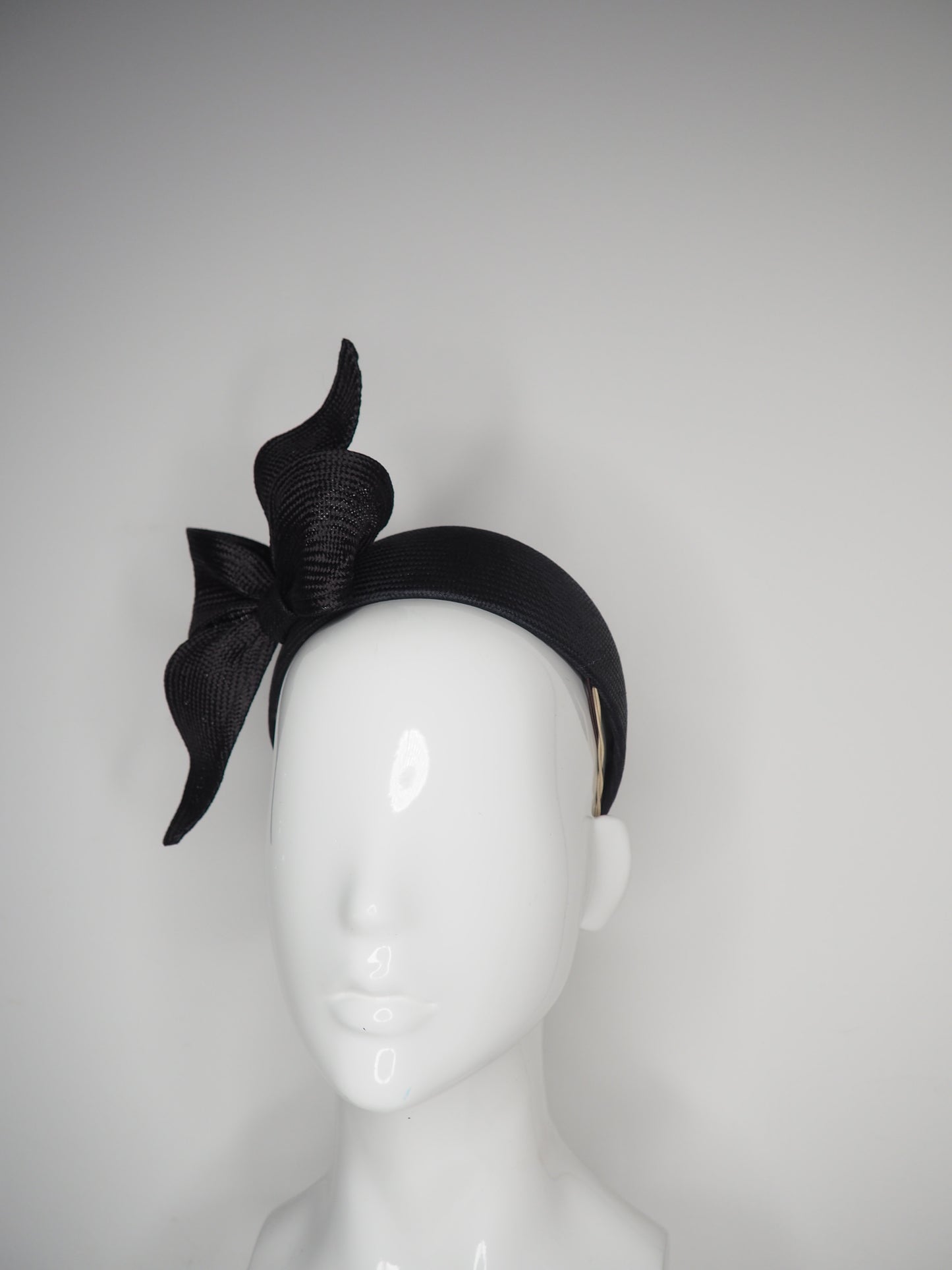 Little Black Hat -Black Rear Facing Pillbox with petite wired bow