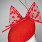 Stop and Spot - Spotty red wired tulle bow with quills on a vintage straw face hugger beret