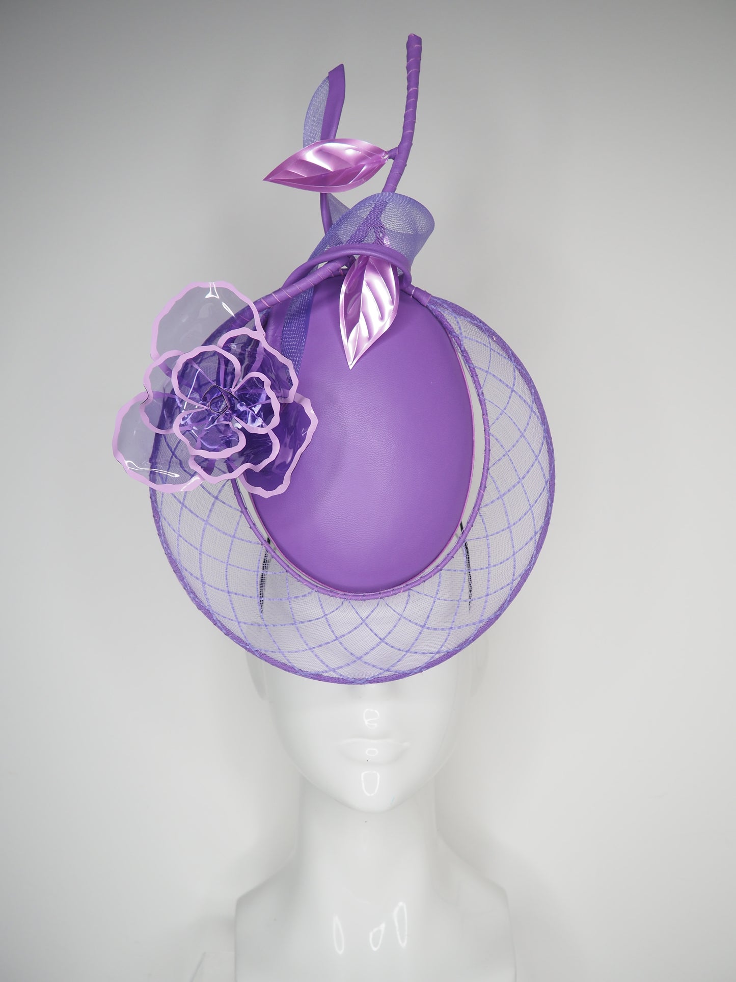 Purple Power -Purple oval leather percher with hand dyed vintage crinoline wired veil and crystoform rose