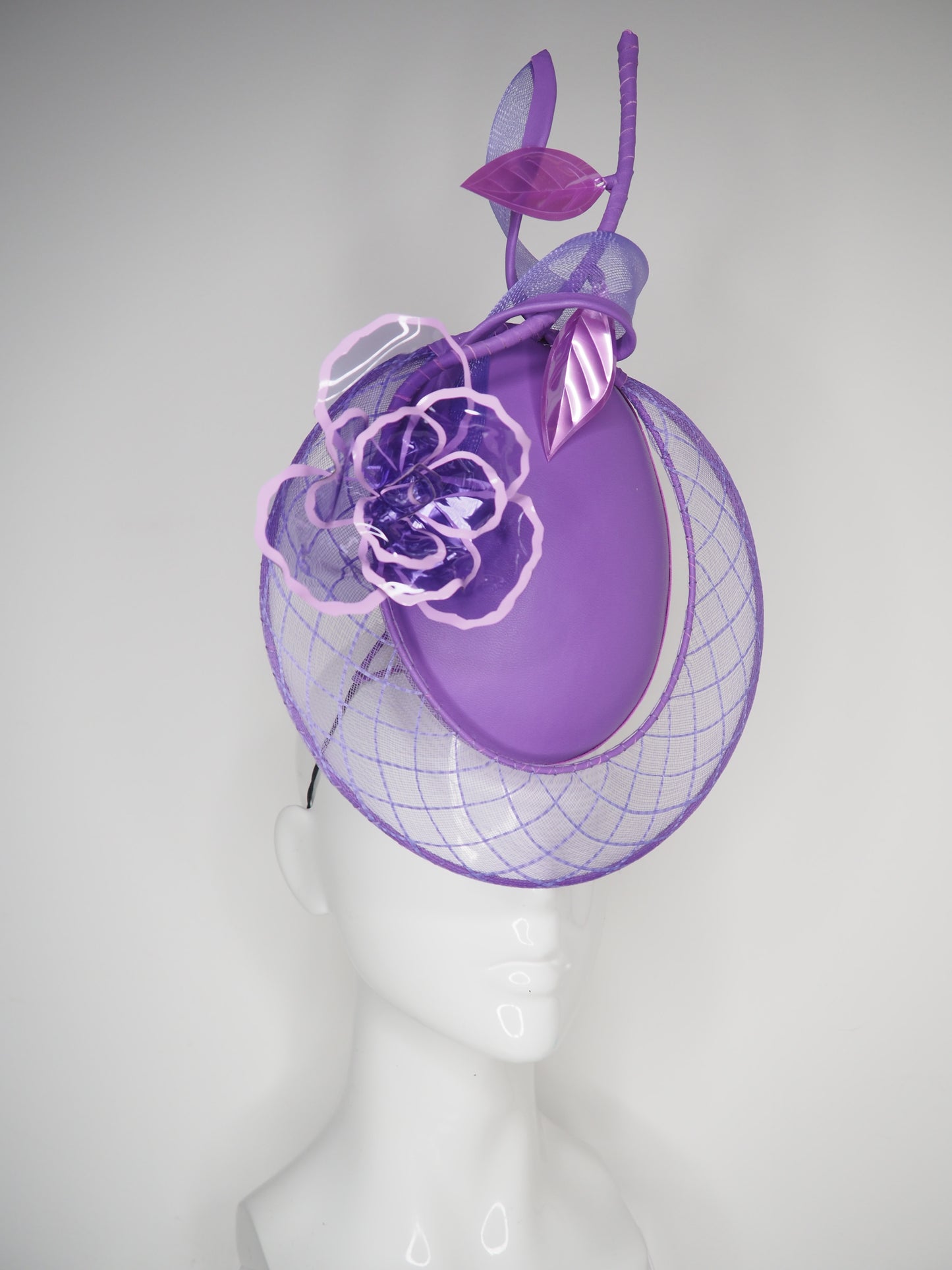 Purple Power -Purple oval leather percher with hand dyed vintage crinoline wired veil and crystoform rose