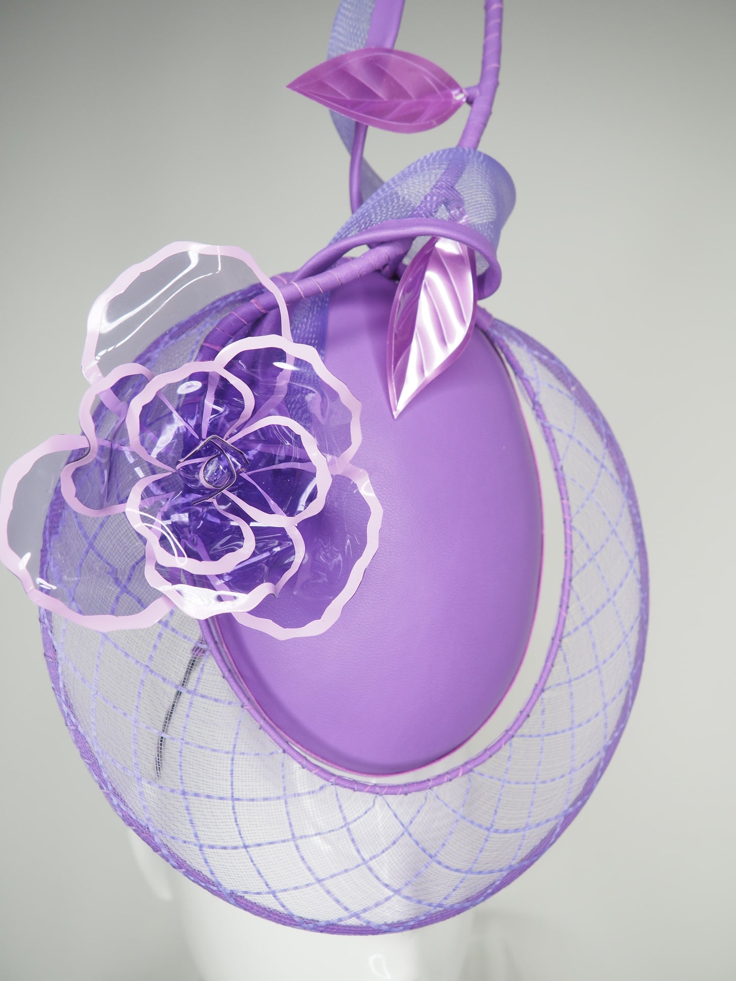 Purple Power -Purple oval leather percher with hand dyed vintage crinoline wired veil and crystoform rose