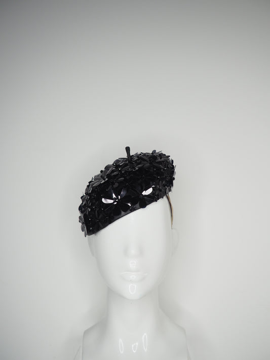 Blossom - Black beaded Sequin flower on black leather face hugger beret