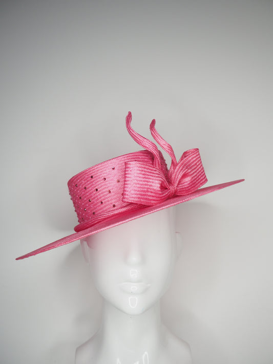 Petal Pink - Pink coloured hand dyed straw boater with sculpted wired bow and diamanté veil detail