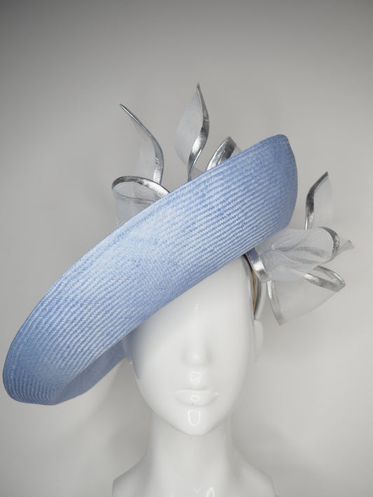 Uptown Bow -Convertible Blue silver and white Garden Party Style upturned brim with removable headband.