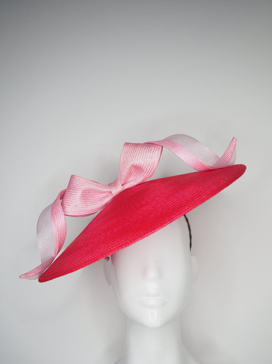 Beautiful Bow - Baby Pink crinoline edged Bow on a raspberry red coolie buntal base