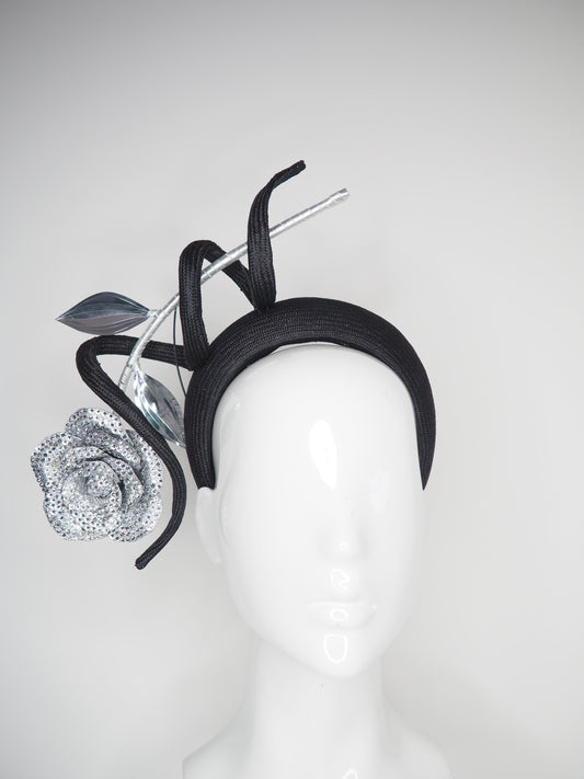 Sparkle and swirl - Embellished silver straw rose vine with black parisial swirl on a 3d headband