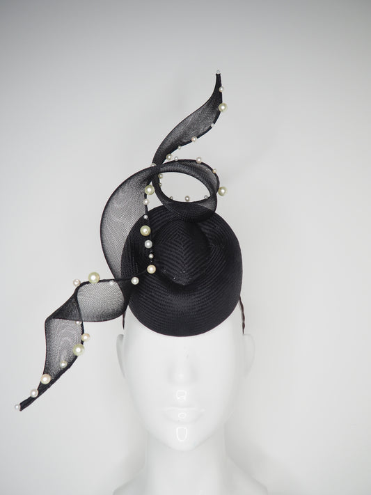 Derby spot - Black pork pie pillbox with pearl edged crinoline swirl