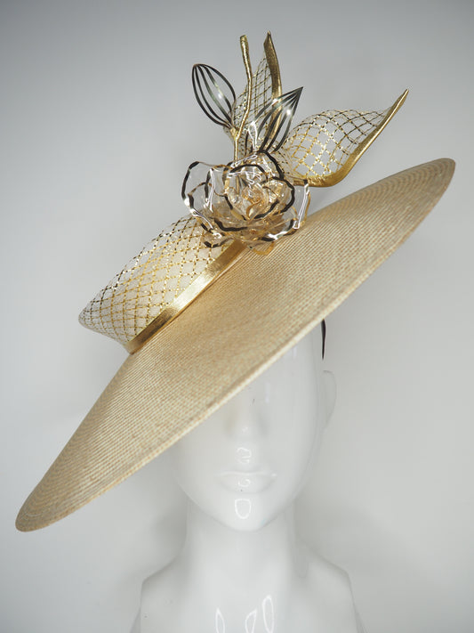 Golden Glimmer - Natural straw slanted brim boater with gold crystoform rose and crinoline trim.