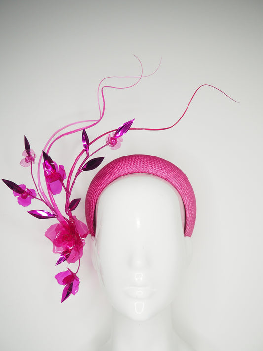 Burst of Spring - Pink Ombre straw 3d headband with ombre quills and crystoform rose vine