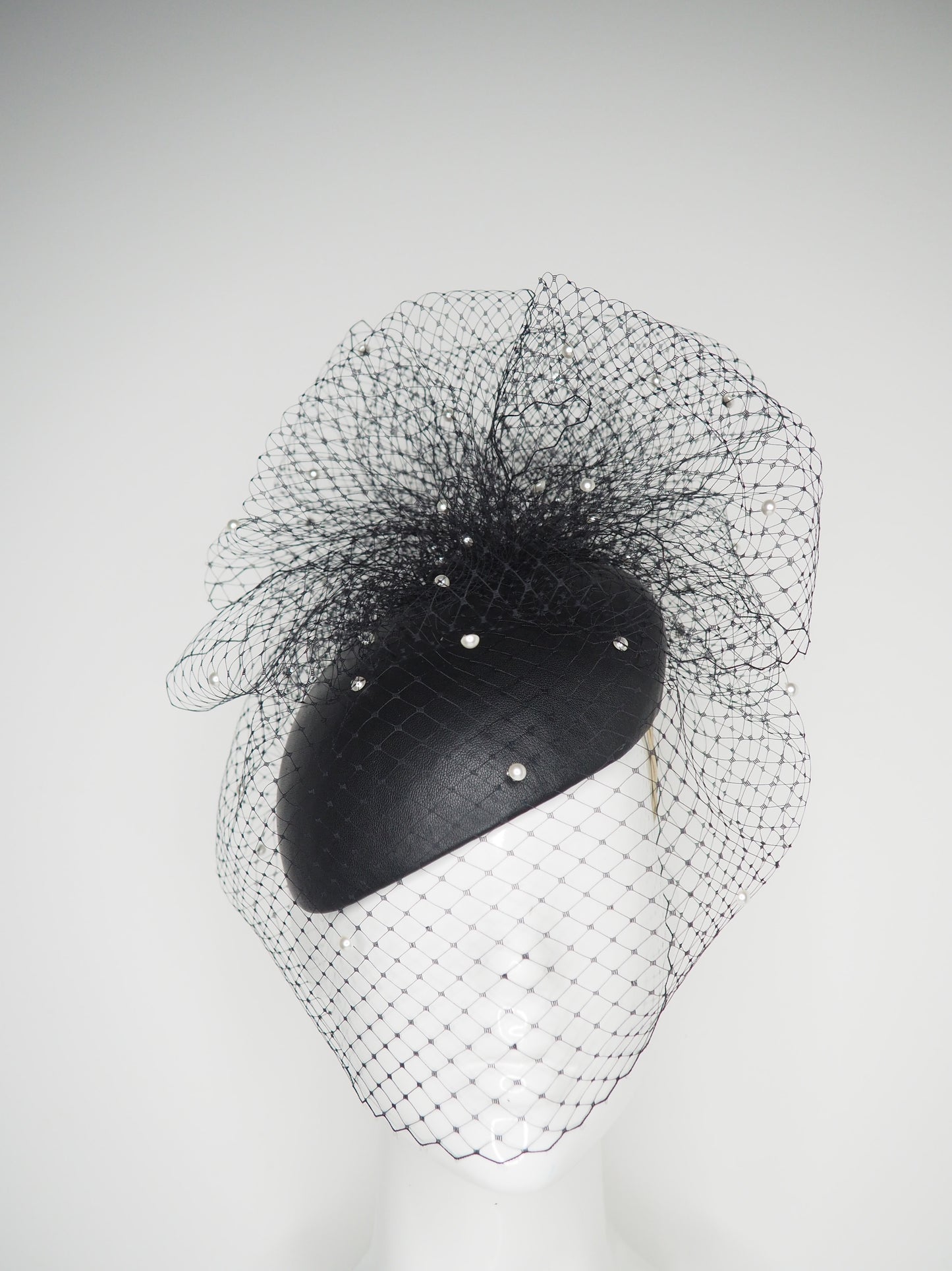 Derby Clouds - Delicate black leather face-hugger with pearl encrusted veil