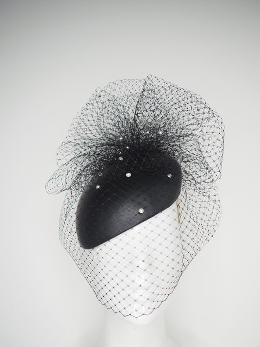 Derby Clouds - Delicate black leather face-hugger with pearl encrusted veil