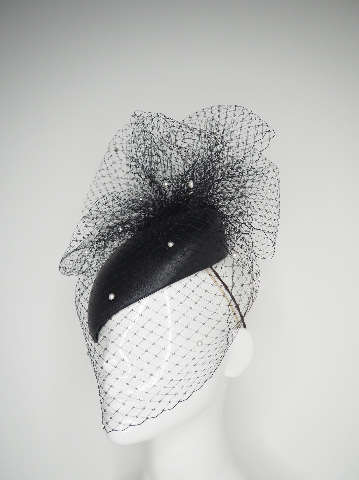 Derby Clouds - Delicate black leather face-hugger with pearl encrusted veil