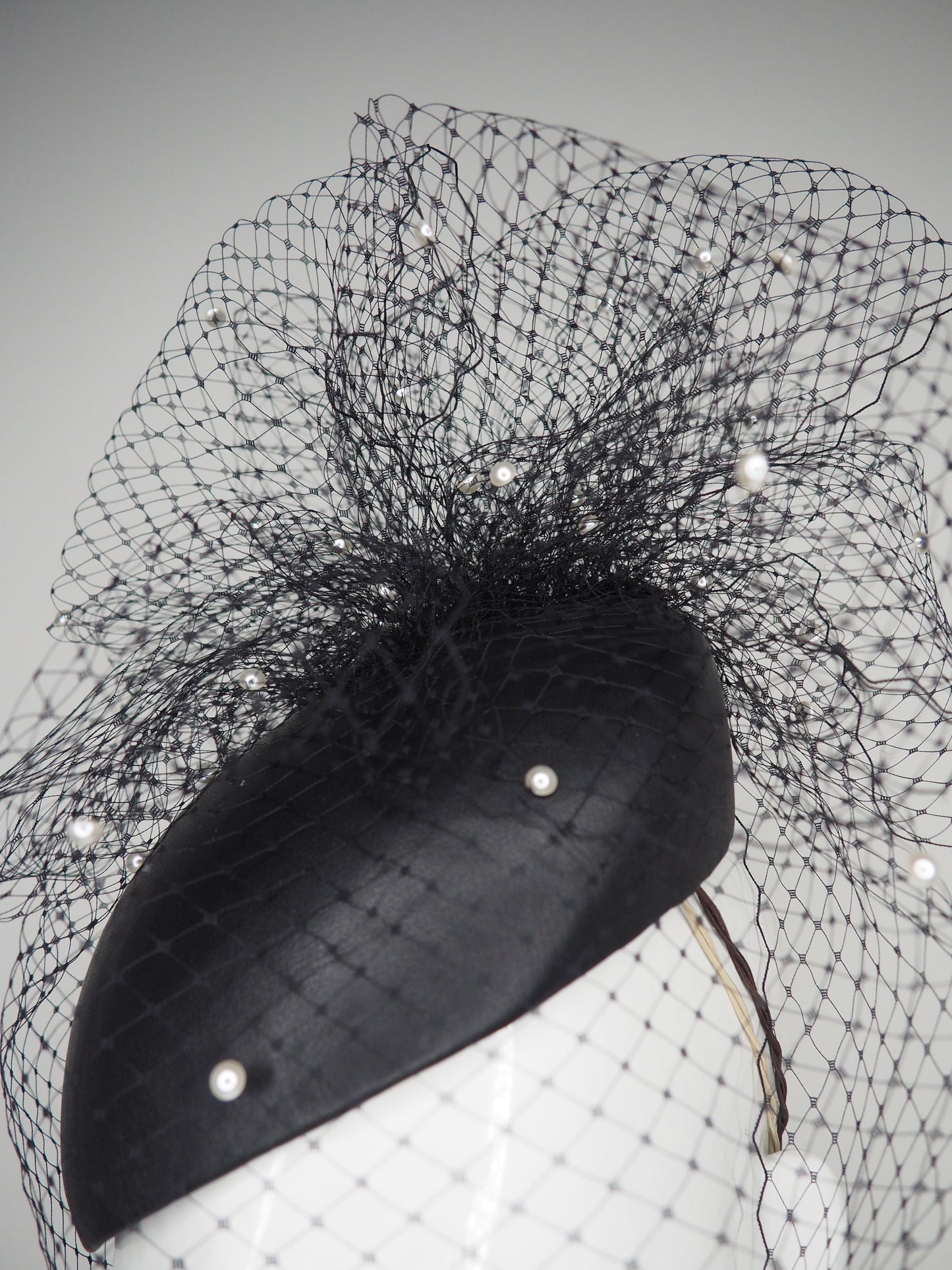 Derby Clouds - Delicate black leather face-hugger with pearl encrusted veil