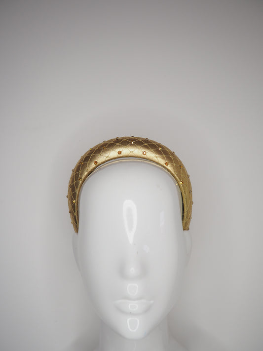 Mimi - Gold -  Leather petite 3d headband with veil and crystal detail