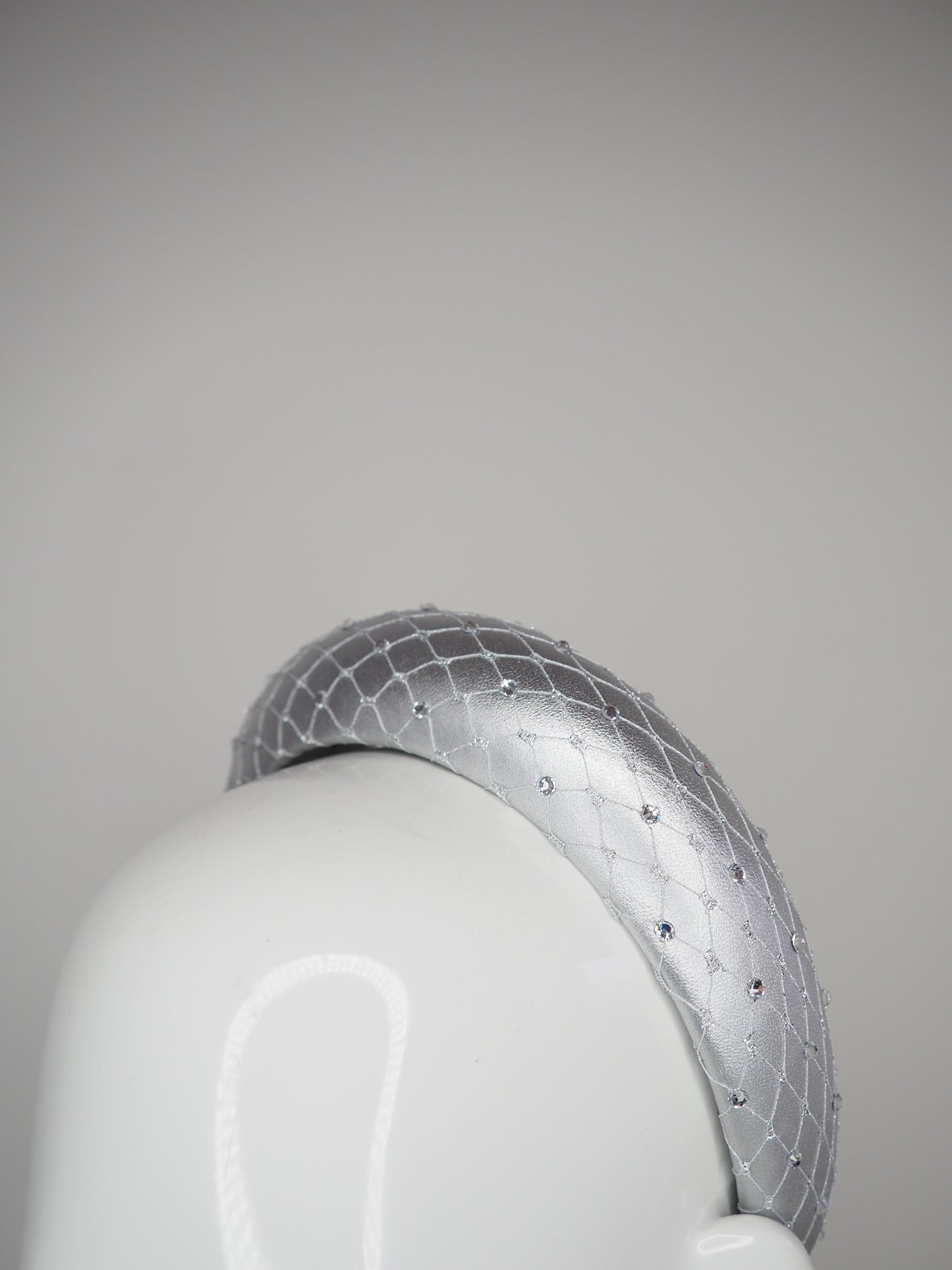 Mimi - Silver -  Leather petite 3d headband with veil and crystal detail (Copy)