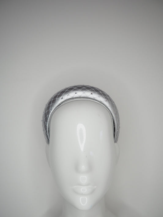 Mimi - Silver -  Leather petite 3d headband with veil and crystal detail (Copy)