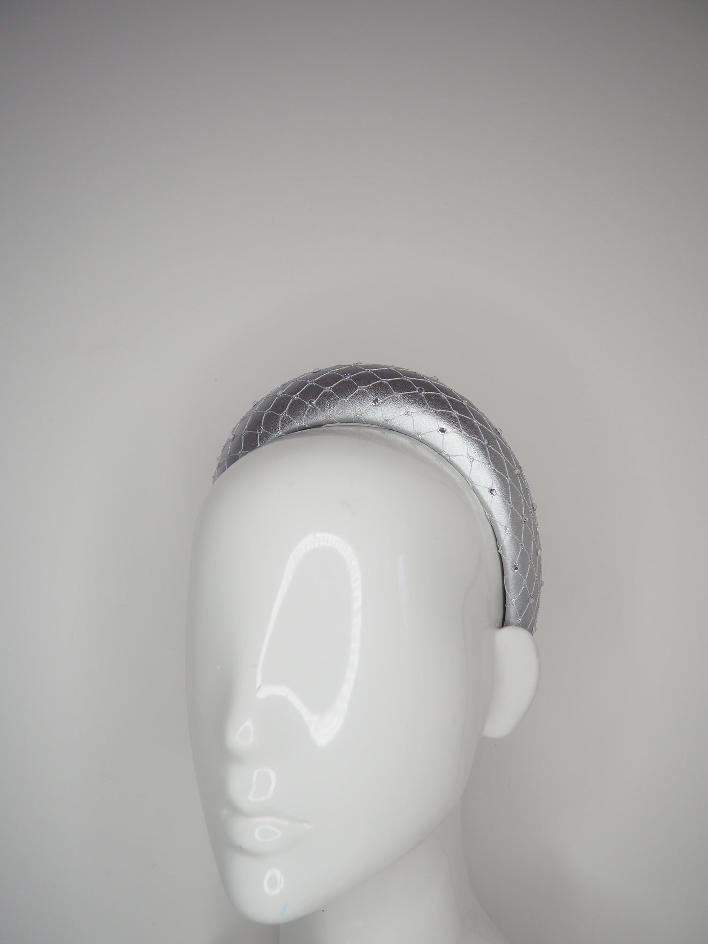 Mimi - Silver -  Leather petite 3d headband with veil and crystal detail (Copy)