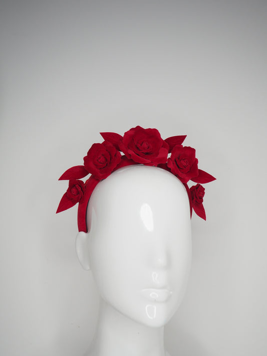 Velvet Rose -Red - Velvet rose vine headband on padded handmade alice band.