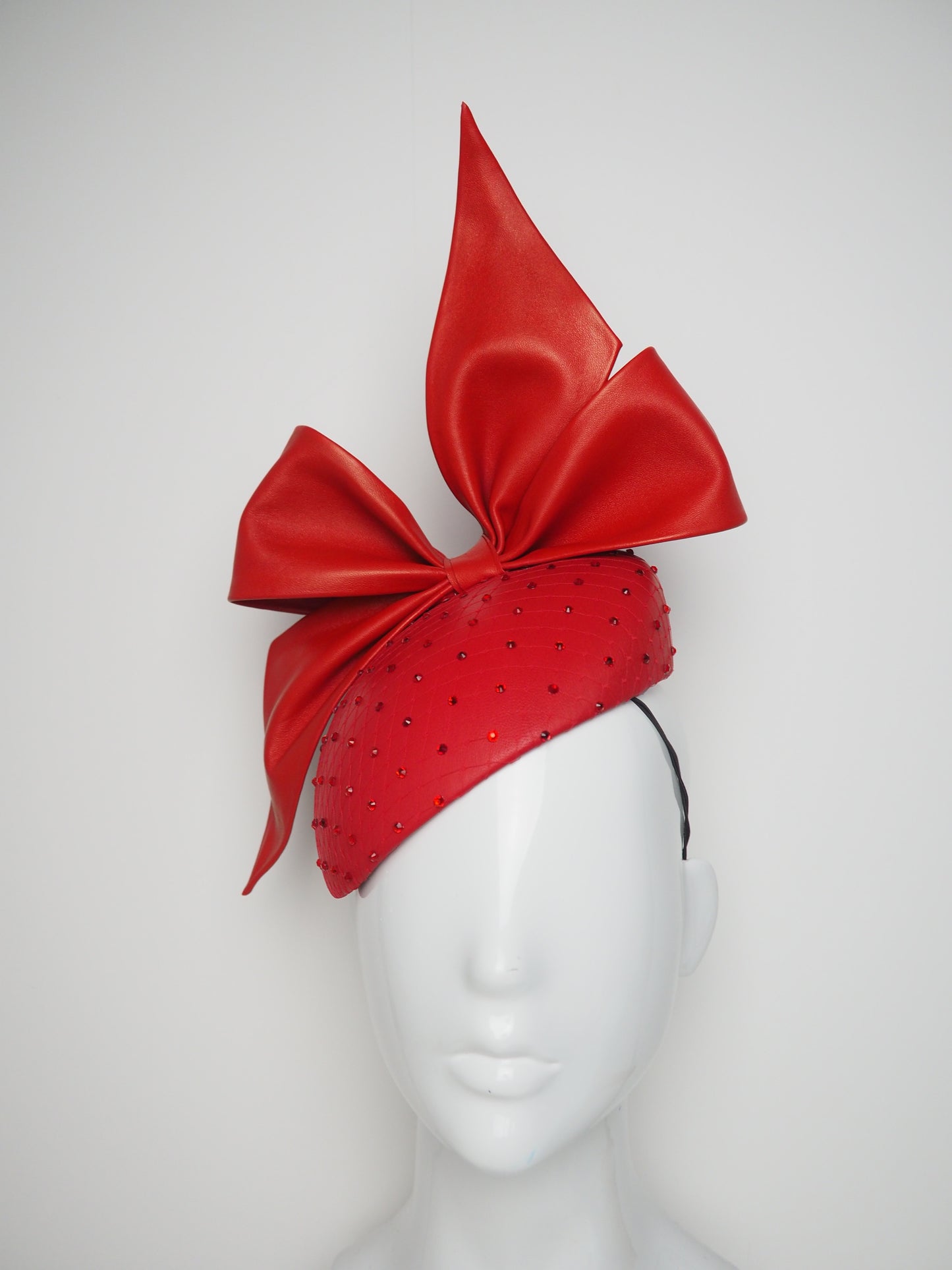 Sparkle Bowie - Shades of red leather on a diamanté veil face hugger beret base