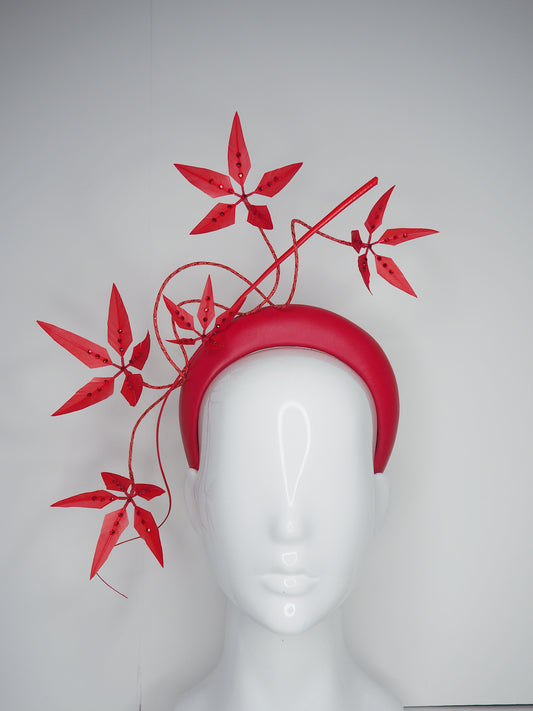 Razzamatazz - Red leather 3d headband with spiky Feather flowers and diamanté detail