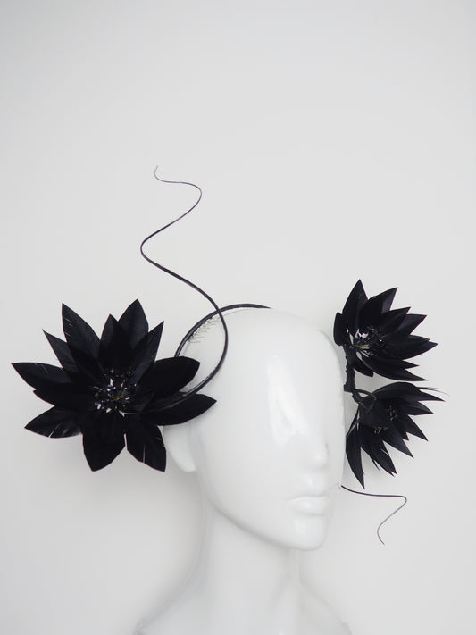 Midnight Magic - Black feather flower headband with wrap around quills