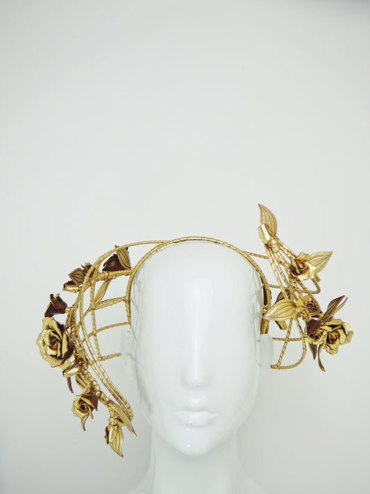 Ray of Light - Back facing wired headband with trailing golden leather rose vine detail